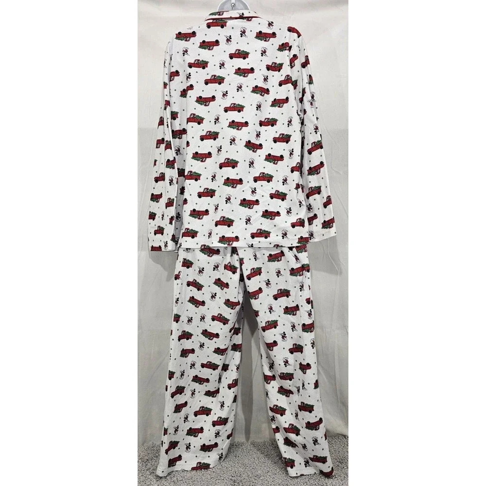Disney Mickey Mouse Flannel Pajamas 2 Piece Red Truck Christmas Tree Womens XL